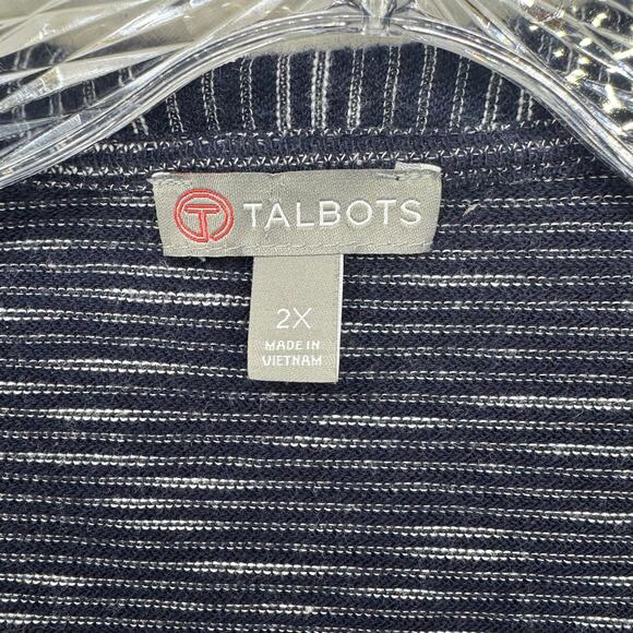 Talbots 2X Open Front Cardigan Navy Blue White Stripe 100% Cotton Lightweight - Picture 6 of 7